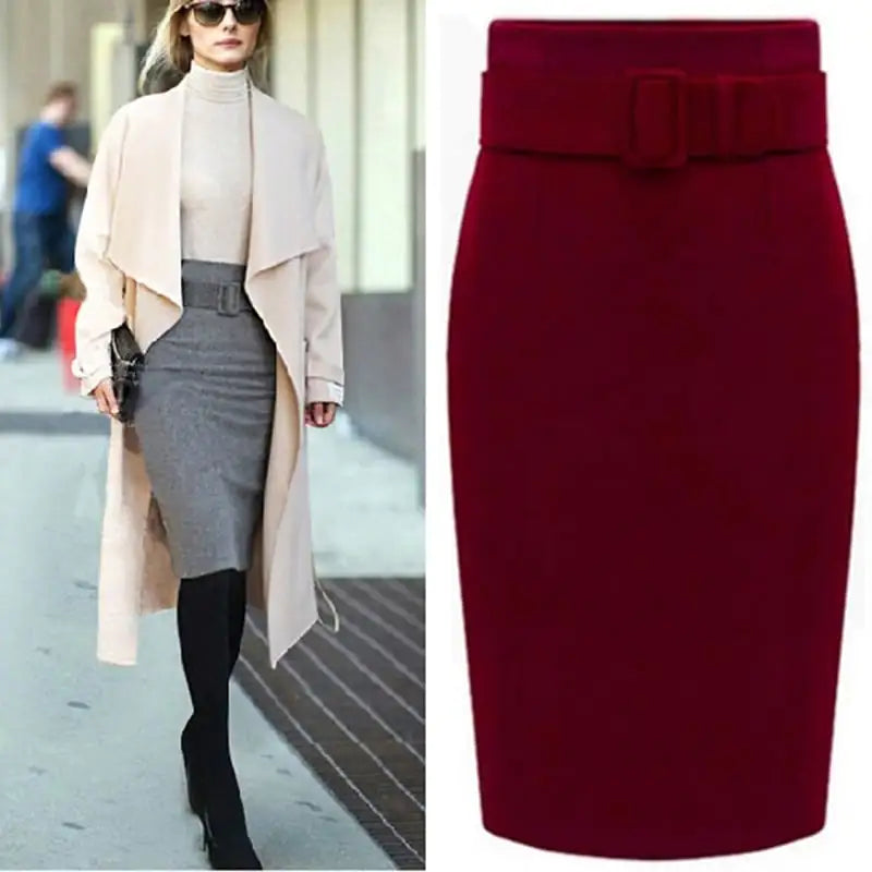 Women's High Waist Wool Midi Skirt – Elegant Winter Pencil Skirt