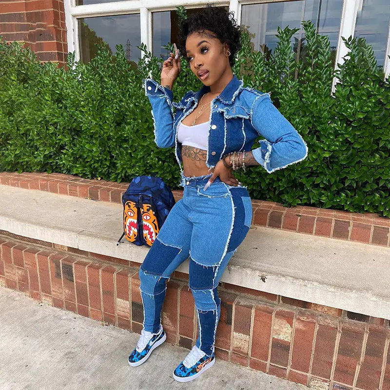 2-Piece Retro Denim Patchwork Outfit – Stylish Crop Top & High-Waist Jeans