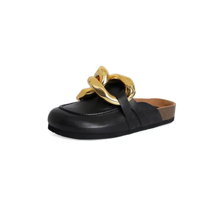 LuxeCharm™ Women’s Chain Loafers – Flat Slip-On Cowhide Shoes