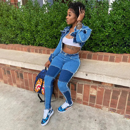 2-Piece Retro Denim Patchwork Outfit – Stylish Crop Top & High-Waist Jeans