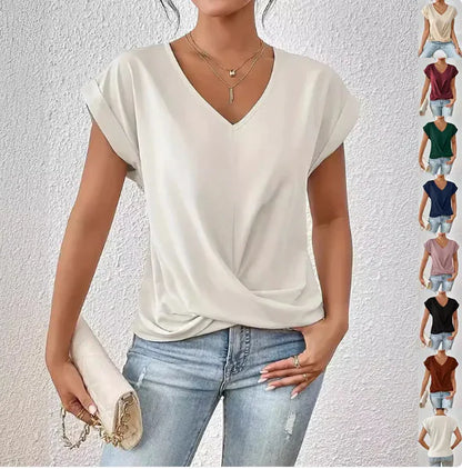 Women’s Casual Knot T-Shirt – Short Sleeve Irregular Hem, Soft & Stylish