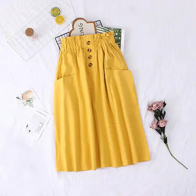 Elegant Cotton Midi Skirt – Loose Fit with Pockets