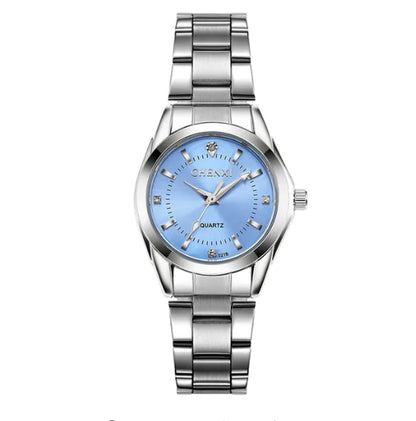 CHENXI Elegant Women’s Quartz Watch – Silver & Blue Minimalist Style