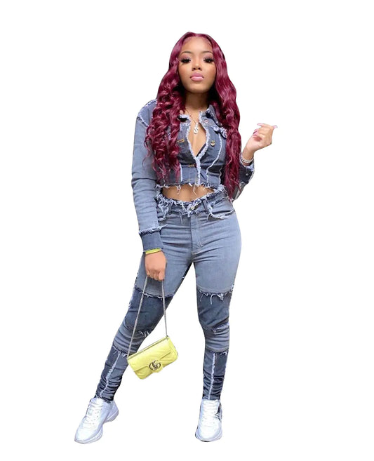 2-Piece Retro Denim Patchwork Outfit – Stylish Crop Top & High-Waist Jeans