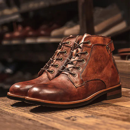 🥾 Men’s Retro Leather Motorcycle Boots – Durable Lace-Up Combat Style