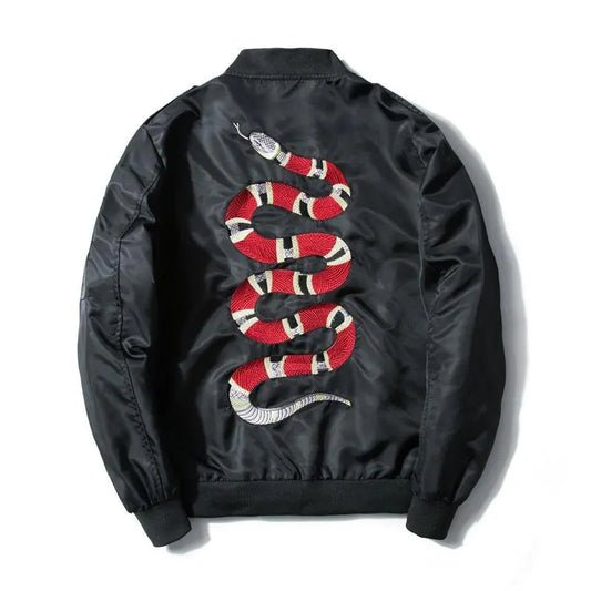 Coral Serpent Embroidered Bomber