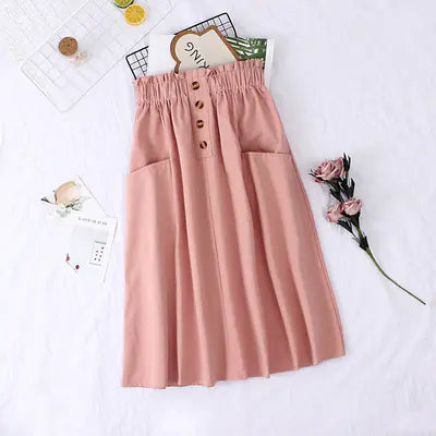 Elegant Cotton Midi Skirt – Loose Fit with Pockets