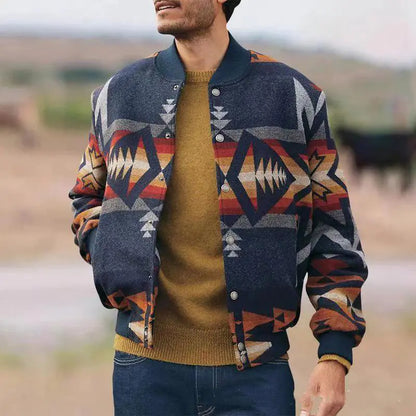 Men’s Geometric Pattern Jacket – Stand Collar Streetwear Cardigan