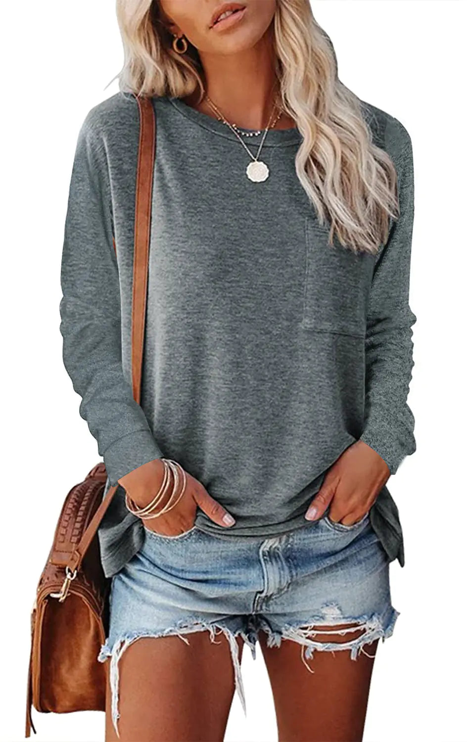 Women’s Off-Shoulder Long Sleeve Pocket Tee – Soft & Stylish Casual Top